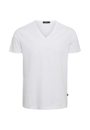 Weißes T-Shirt mit kurzem Arm und V-Ausschnitt aus Baumwolle, mit regulärer Passform und einem kleinen Logo-Tag auf der unteren linken Seite.