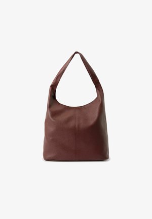 Burgunderfarbene Lederhandtasche in Hobo-Form, mit einem einzigen, breiten Schulterriemen und einer strukturierten Oberfläche. Glatte Oberfläche an der Unterseite.
