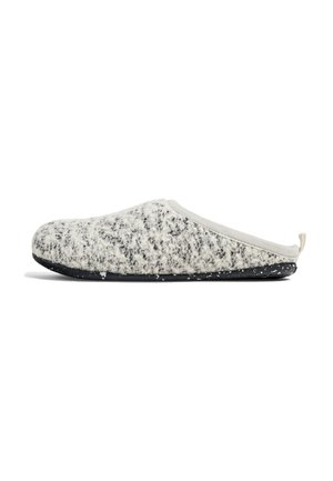 Woolen slipper with a speckled gray and white upper, soft interior lining, and a black, textured rubber sole. Simple slip-on design.