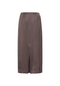 Brun satin midi-nederdel med en central slids, der har en bagagerumslynlås og blonderdesign for en glat, strømlinet silhuet.