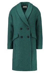 Cappotto di lana teal con design doppiopetto, ampi rever e grandi bottoni neri. Presenta una vestibilità dritta e tasche frontali.