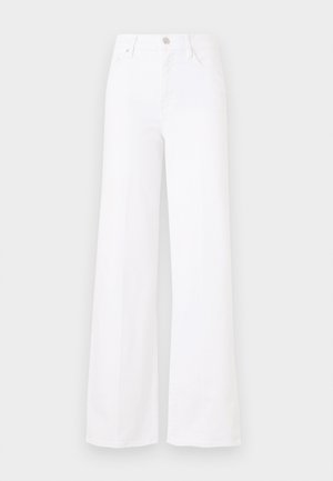 White wide-leg jeans made of denim, featuring a high waist, front button closure, and four pockets. Smooth texture with no visible patterns.