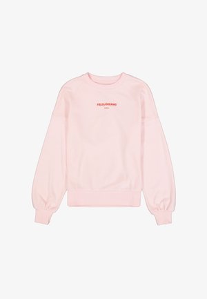 Hellrosa Sweatshirt mit langen Puffärmeln, gerippten Bündchen und Saum sowie rotem "FIELD OF DREAMS GARCIA" Schriftzug auf der Brust.