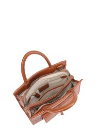 Sac à main en cuir tan avec un design en relief crocodile, doté de poignées doubles, de plusieurs compartiments internes et d'une fermeture éclair.