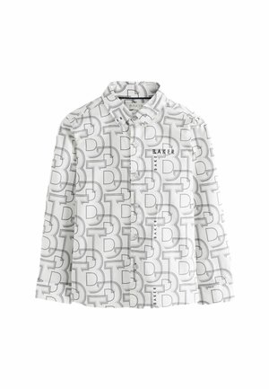 Langarmhemd aus weißem Stoff mit einem schwarzen geometrischen Muster und dem Wort "BAKER." Knopfleiste vorne und klassischer Kragen.