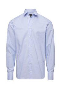 Hellblau- und weißgestreiftes Langarmhemd mit Button-Down-Kragen, Vorderknöpfen und Manschetten. Der Stoff wirkt glatt und flexibel.