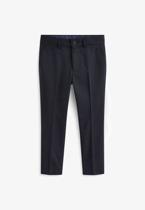Marinehosen aus strukturiertem Stoff mit einem Reißverschluss und einem Knopfverschluss, ausgestattet mit seitlichen Taschen und einem geraden Bein.