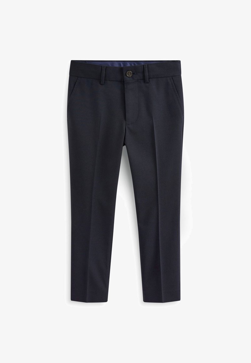 Pantaloni navy realizzati in tessuto testurizzato con chiusura a cerniera e bottone, dotati di tasche laterali e design a gamba dritta.