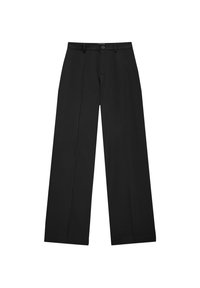 Schwarze weit geschnittene Hose mit frontalen Falten, flachem Bund und einem einzelnen Knopfverschluss. Hergestellt aus glattem Stoff mit taillierter Passform.