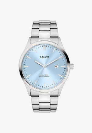 Montre en acier inoxydable argentée avec un cadran bleu clair effet soleillé, des index argentés, un affichage de la date, et un bracelet à maillons en métal. Résistante à l'eau jusqu'à 50 mètres.