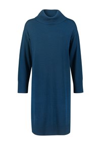 Abito turtleneck in misto lana color teal con maniche a tre quarti, texture a coste sul colletto e sui polsini, e design dritto che arriva fino alle ginocchia.