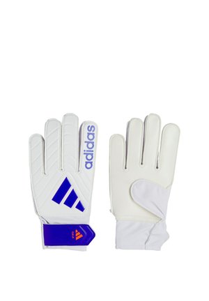 Coppia di guanti da portiere Adidas bianchi con logo viola e cinturino per polso, vista frontale e posteriore.