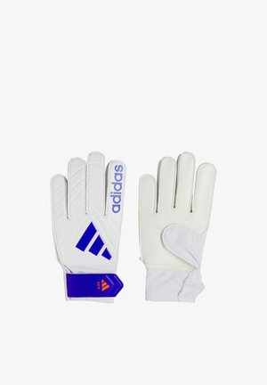 Coppia di guanti da portiere Adidas bianchi con logo viola e cinturino per polso, vista frontale e posteriore.