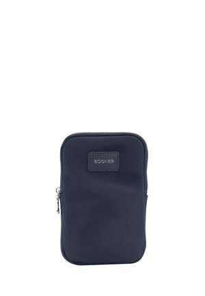 Pochette zippée marine en matériau durable, de forme rectangulaire, avec un patch logo et une texture lisse.