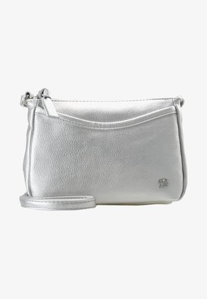 Silver leather crossbody bag with a textured finish, zip closure, and slim adjustable strap. Features a subtle logo accent.