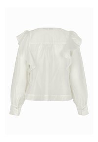 Biała bluzka z długim rękawem, z falbaniastymi detalami na ramionach i zapięciem na guziki przy mankietach, wyeksponowana z tyłu.
