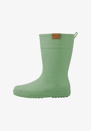 Green rubber rain boot with a smooth finish, rounded toe, and textured sole. Features a brown leather label on the top.
