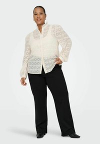 Blusa trasparente avorio con un motivo geometrico, maniche lunghe, chiusura frontale con bottoni e colletto arricciato, abbinata a pantaloni neri e scarpe eleganti.