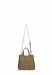 Braune Lederhandtasche mit strukturiertem Design, doppelten Griffen und einem abnehmbaren Schultergurt. Mit silberfarbener Hardware und Markenlogo.