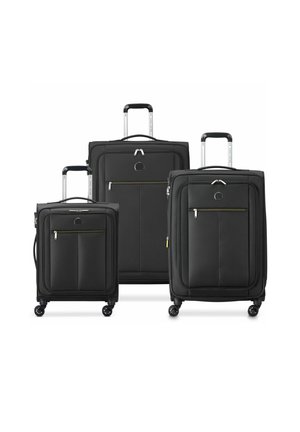 Three black wheeled suitcases of different sizes with telescopic handles and front zippered pockets, arranged side by side on a white background.