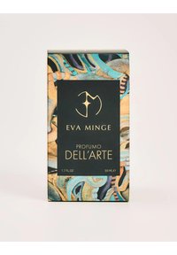 Pudełko perfum z żywym, artystycznym wzorem w odcieniach niebieskiego, pomarańczowego i czarnego z złotymi akcentami, oznaczone "Eva Minge Profumo Dell'Arte."