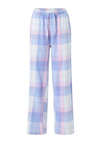 Pantalon de pyjama ample avec taille élastique et cordon de serrage, présentant un motif à carreaux pastel bleu, rose et blanc.