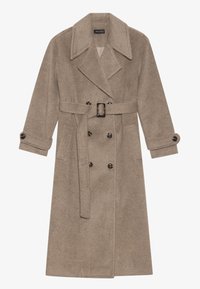 Beige wollen blend trenchcoat met een dubbele knoopsluiting, grote kraag en een verstelbare riem. Heeft geknoopte manchetten en zijzakken.