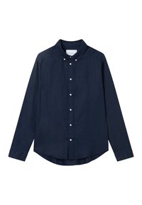 Tumma laivastonsininen nappipaita, valmistettu sileäpintaisesta kankaasta. Siinä on terävä kaulus ja pyöristetty helma. Valkoiset napit etupuolella.