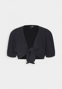 Top noir court en tissu texturé, avec un décolleté en V profond et des manches bouffantes. Détail noué à l'avant pour ajouter de l'intérêt visuel.