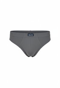 Grijze zwembroek met een gladde textuur, uitgevoerd in een effen kleur en voorzien van een logo patch aan de voorkant. Elastische tailleband voor comfort.