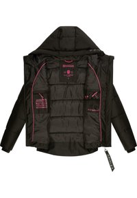 Black puffer jacket with hood, featuring pink accents and inner pockets. Made of quilted fabric, soft texture, and logo labels inside.