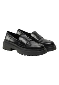 Zwarte loafers met een glanzende leren afwerking, met een brede band over de voorkant en een dikke, gestructureerde rubberen zool.