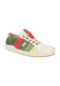 Multicolored sneaker with leather upper. Features red, green, and yellow stripes, rounded toe, and beige outsole. Lace-up design with logo.