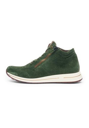 Green suede high-top sneaker with side zipper, laces, padded collar, and white rubber sole with brown outsole.