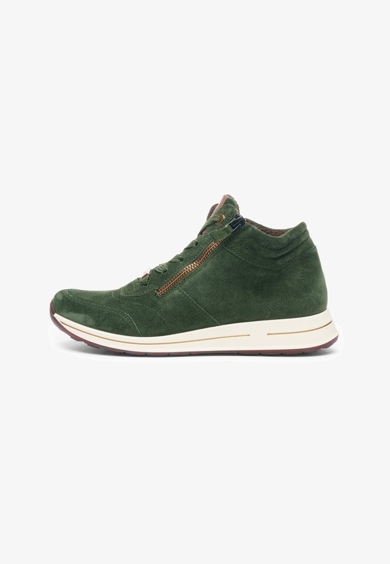 Green suede high-top sneaker with side zipper, laces, padded collar, and white rubber sole with brown outsole.