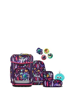 Purple backpack set with colorful leaf patterns, including a lunch bag, pencil case, wallet, four animal badges, and a blue furry keychain with eyes.