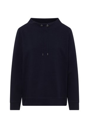 Mörkblå sweatshirt med hög krage, dragsko och långa ärmar. Tillverkad av mjukt texturerat tyg med ribbade ärmslut och nederkant.