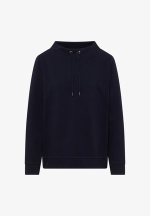Sweatshirt bleu marine avec col montant, fermeture à cordon de serrage et manches longues. Fabriqué en tissu texturé doux, avec des poignets et un ourlet côtelés.