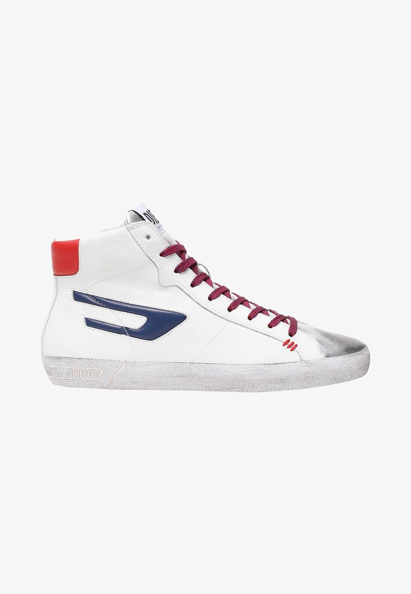 White high-top sneaker with red heel, navy blue side logo, red and blue laces, silver toe cap, and textured white sole.