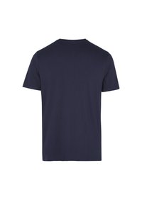 Camiseta de algodón suave de color azul marino con mangas cortas, que presenta un cuello redondo y un diseño sencillo y sin adornos en la parte trasera.