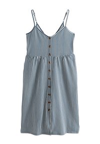 Robe sans manches à rayures bleu marine et blanc, avec un col en V, une fermeture à boutons sur le devant, et une taille froncée pour une coupe décontractée.