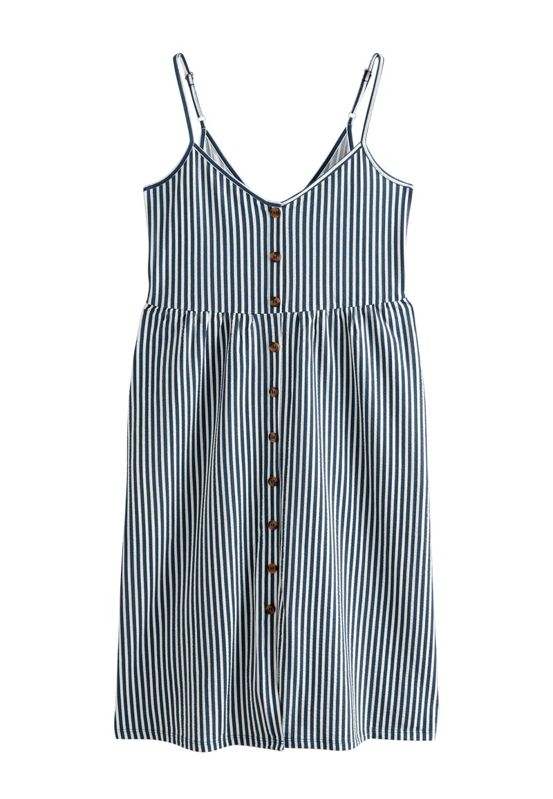 Robe sans manches à rayures bleu marine et blanc, avec un col en V, une fermeture à boutons sur le devant, et une taille froncée pour une coupe décontractée.