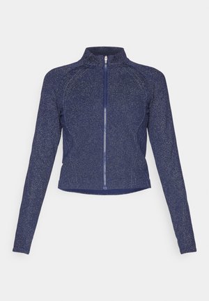 Giacca a zip blu navy con colletto alto. Realizzata in tessuto testurizzato con una finitura leggermente lucida. Design aderente e maniche lunghe.