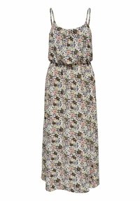Blumen-Maxikleid mit Spaghetti-Trägern, das eine eng anliegende Taille und einen fließenden Rock hat. Das Muster umfasst rosa und weiße Blumen auf einem dunklen Hintergrund.