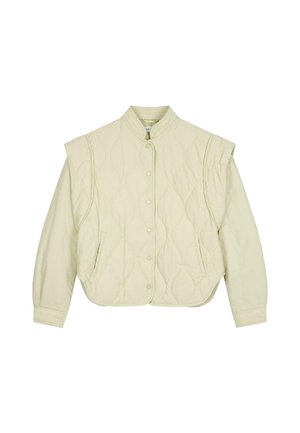 Veste matelassée en jaune pâle avec un col montant, fermeture à boutons sur le devant et deux poches latérales. Présente une texture lisse et des manches oversize.