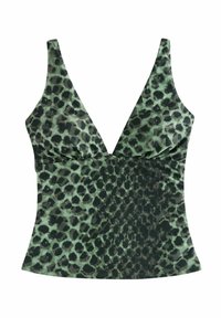 Ærmeløs cropped top med dyb V-udskæring, tætsiddende talje og grønne og sorte leopardpletter.