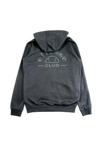 Sweat à capuche gris avec une texture douce, arborant un logo circulaire et l'inscription "CLUB" au dos. Tissu lisse et poignets côtelés.