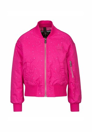 Felle roze bomberjack met zilveren studs, geribbelde manchetten en tailleband, voorzien van een voorrits en zijzakken. Textuurstof.