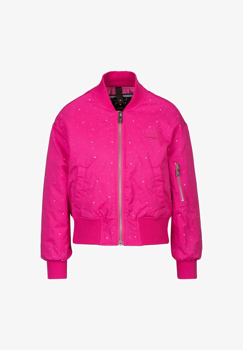 Felle roze bomberjack met zilveren studs, geribbelde manchetten en tailleband, voorzien van een voorrits en zijzakken. Textuurstof.