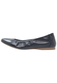 Marinblåa läderballetskor med rund tå, flexibel sula och liten klack. Slät textur med minimala sömnadsdetaljer.